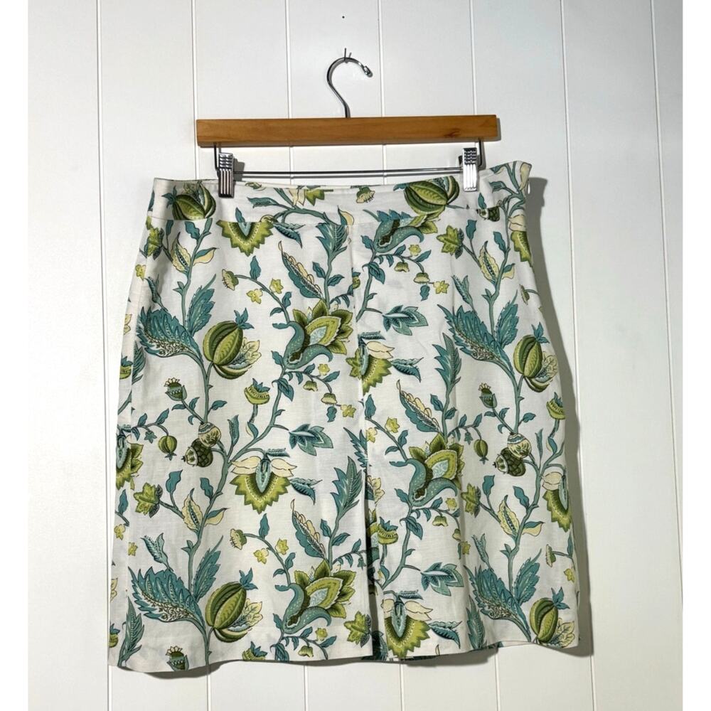 LOFT Ann Taylor Floral Linen Blend Skirt Size 14 White Blue Green - Picture 3 of 8